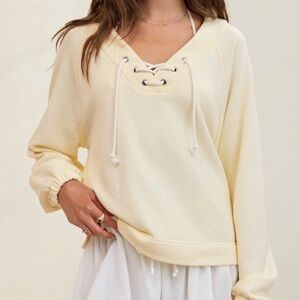 Aerie yellow lace up Women's Popover Cozy Sweatshirt Size Large NWT